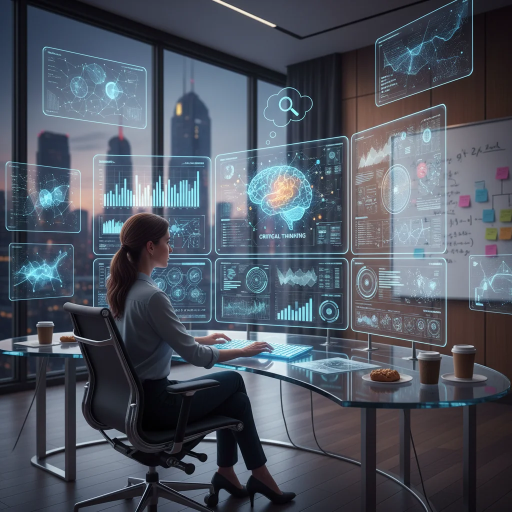 Profesional analizando datos complejos en una pantalla, simbolizando la habilidad de análisis de datos y pensamiento crítico.