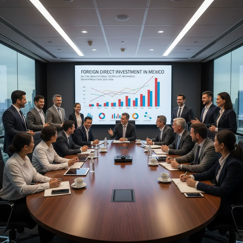 Profesionales de negocios analizando datos de inversión extranjera en una sala de juntas.