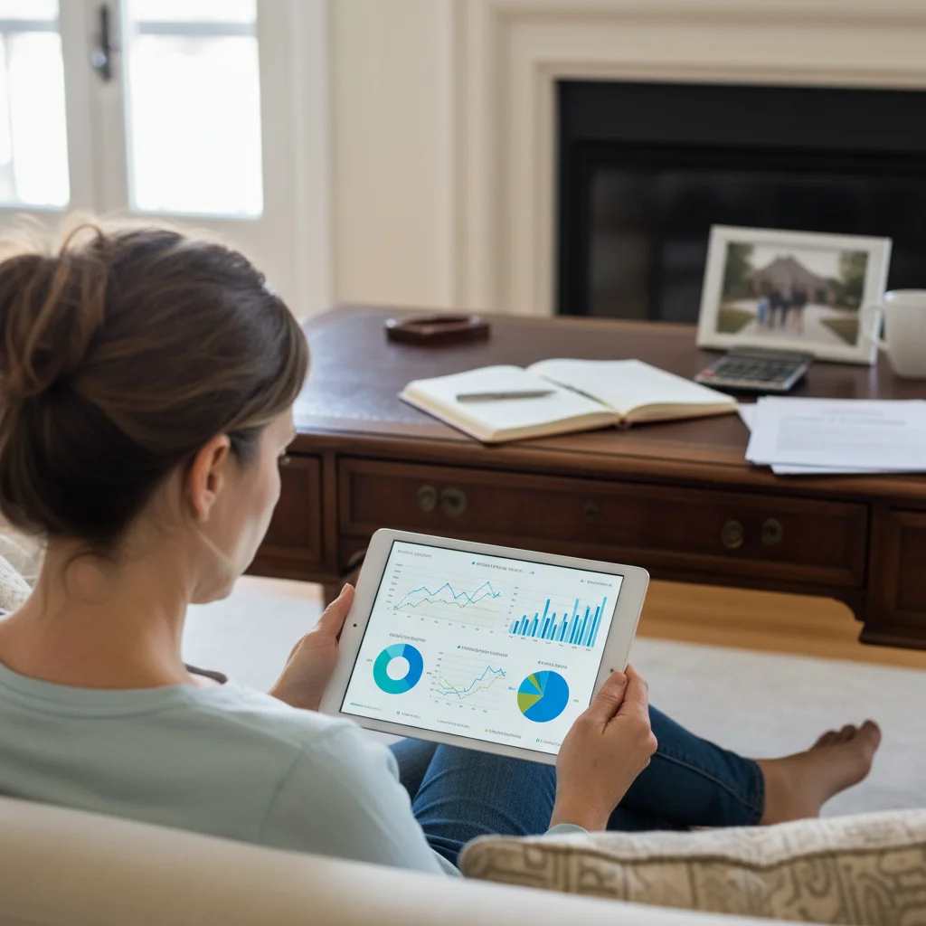Persona analizando inversiones en una tablet, con gráficos de bolsa y finanzas personales.