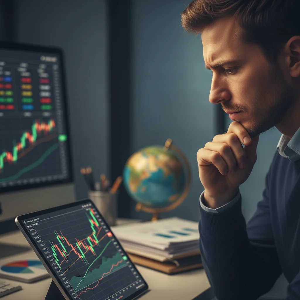 Persona analizando gráficos bursátiles en una tableta, pensando en estrategias de inversión.
