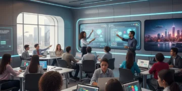 Estudiantes y profesores interactuando con tecnología en un aula moderna, simbolizando la enseñanza digital del futuro.