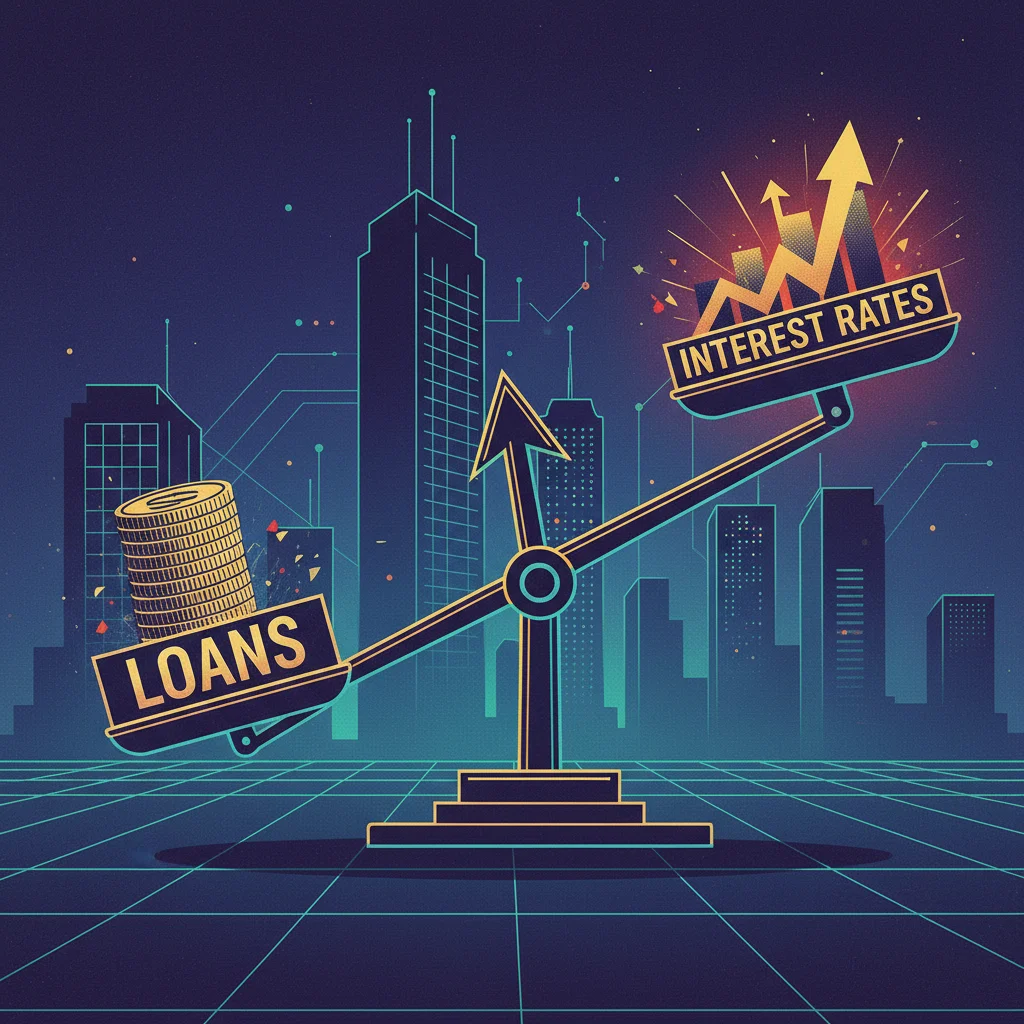Balanza conceptual con 'préstamos' y 'tasas de interés', ilustrando el desequilibrio por el alza, en el contexto de los cambios de Banxico.