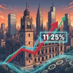 Edificio del Banco de México con gráficos financieros y el número 11.25%, representando la nueva tasa de interés.