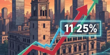 Edificio del Banco de México con gráficos financieros y el número 11.25%, representando la nueva tasa de interés.