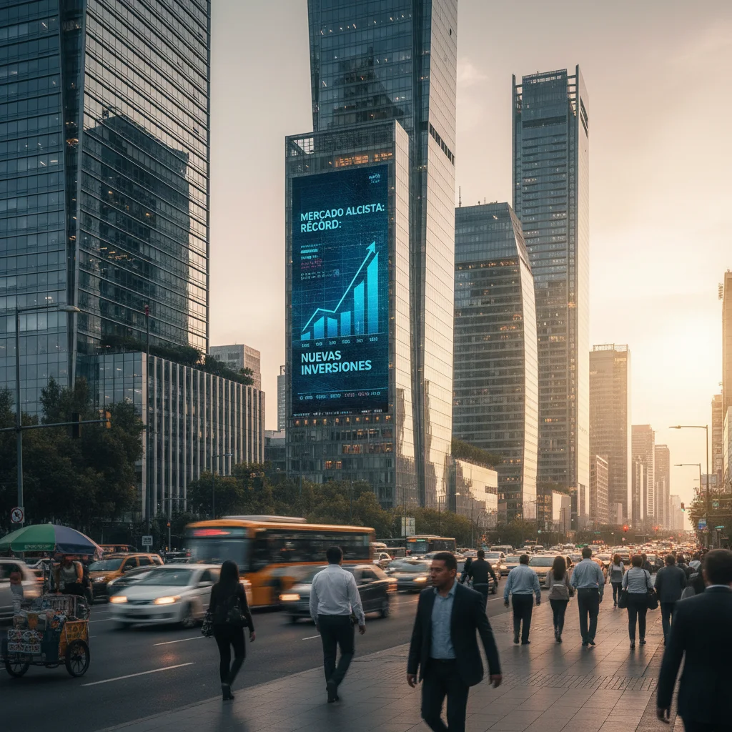 Panorama urbano del centro financiero de la Ciudad de México al anochecer