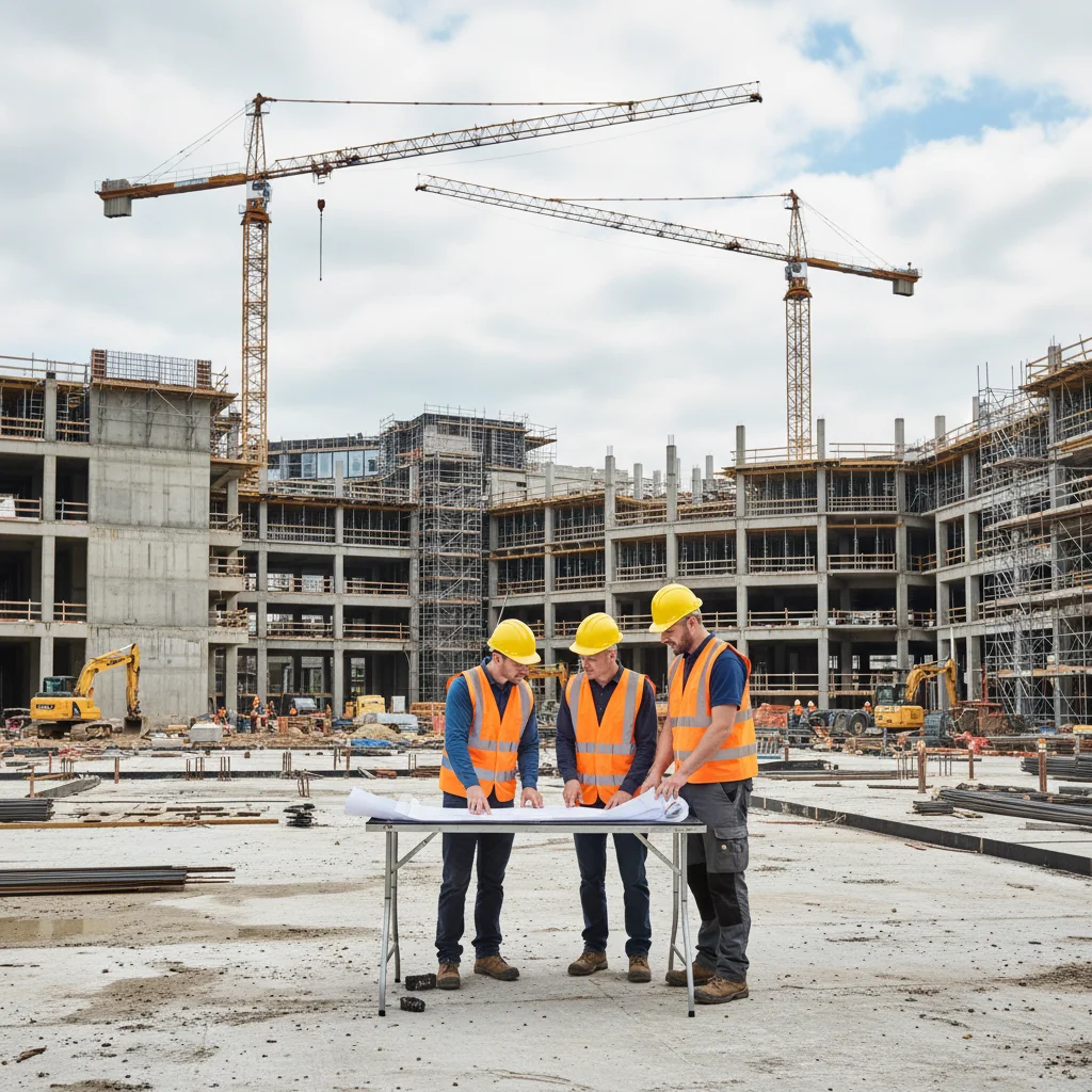 Obreros construyendo una nueva ala hospitalaria como parte de las Noticias del Sector Salud: Presupuesto federal para 2026 destina un 12% más a infraestructura hospitalaria.