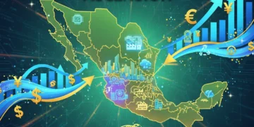 Mapa de México con flechas ascendentes y símbolos de dinero, representando el crecimiento de la inversión extranjera directa.
