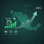 Gráfico que muestra el crecimiento del 7% en las exportaciones de la Economía Mexicana 2026, destacando las industrias líderes.