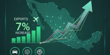 Gráfico que muestra el crecimiento del 7% en las exportaciones de la Economía Mexicana 2026, destacando las industrias líderes.