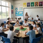 Estudiantes mexicanos colaborando en un aula moderna, representando la reforma educativa.