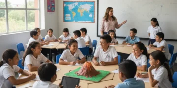 Estudiantes mexicanos colaborando en un aula moderna, representando la reforma educativa.