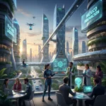 Profesionales diversos en un entorno futurista que representa el futuro empleo México 2026.