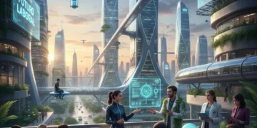 Profesionales diversos en un entorno futurista que representa el futuro empleo México 2026.