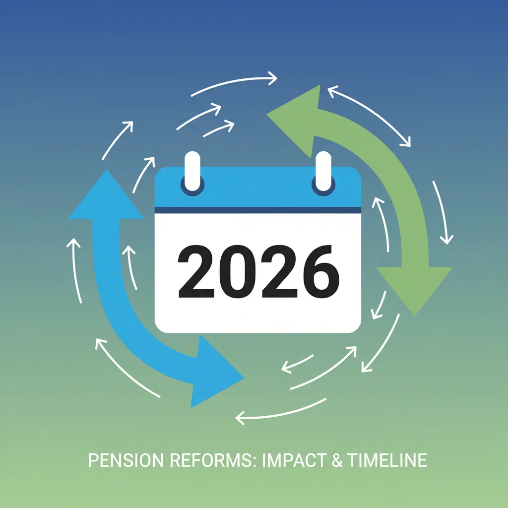 Gráfico con flechas y calendario de 2026 representando Noticia Urgente: Cambios en las pensiones de jubilación para 2026, ¿cómo te afectarán los nuevos requisitos?