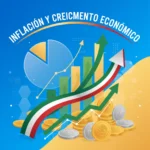 Gráfico económico con flechas ascendentes y la bandera de México, representando la inflación y el crecimiento económico.