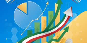 Gráfico económico con flechas ascendentes y la bandera de México, representando la inflación y el crecimiento económico.