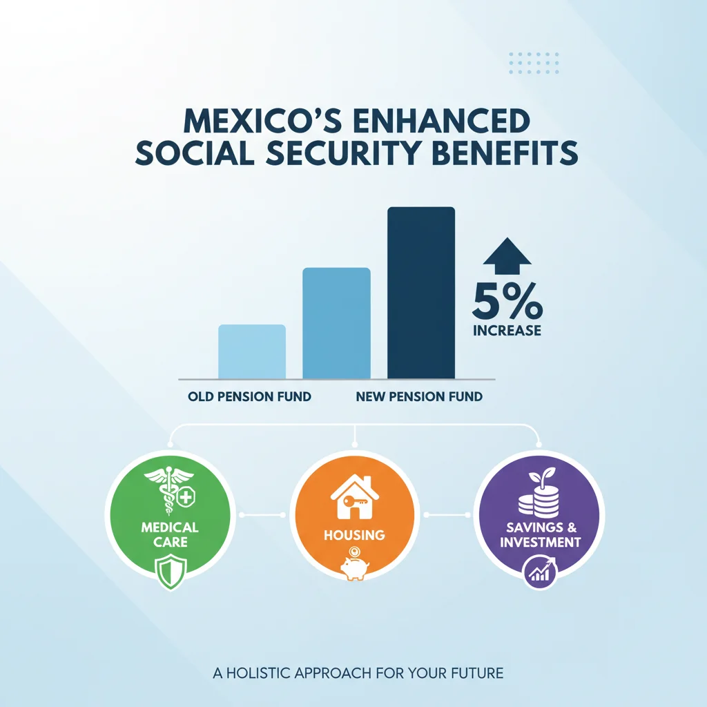 Infografía con aumento del 5% en pensión y beneficios de seguridad social como salud y vivienda.