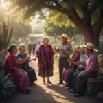 Adultos mayores mexicanos disfrutando de un retiro tranquilo y seguro en un parque soleado.