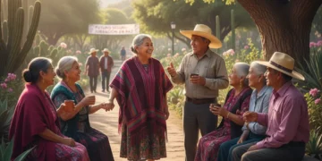 Adultos mayores mexicanos disfrutando de un retiro tranquilo y seguro en un parque soleado.