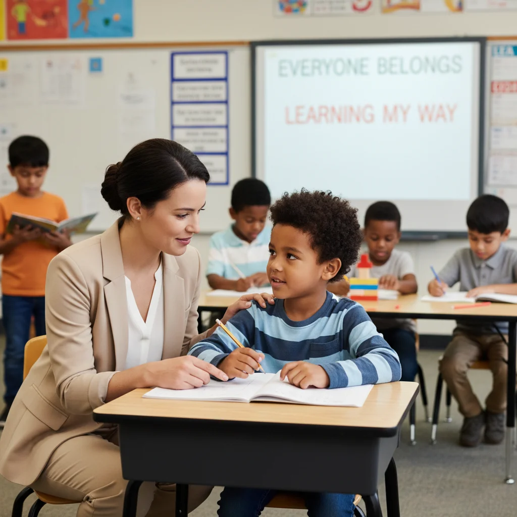 Maestra brindando apoyo individualizado a un estudiante, destacando la inclusión educativa.