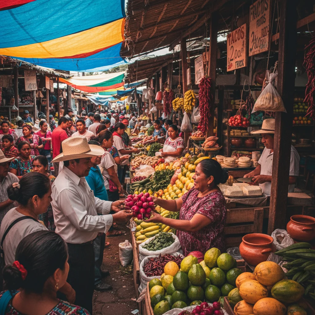 Mercado tradicional mexicano con vendedores y compradores, reflejando el impacto del salario mínimo en el comercio.