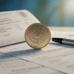 Moneda de peso mexicano con el año 2026 y documentos de seguridad social, simbolizando nuevos beneficios.