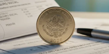 Moneda de peso mexicano con el año 2026 y documentos de seguridad social, simbolizando nuevos beneficios.