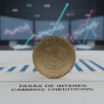 Moneda de peso mexicano sobre documentos financieros, simbolizando los cambios en las tasas de interés del Banco de México para 2026 y su impacto en créditos.