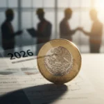 Monedas de peso mexicano sobre un informe financiero con el año 2026, representando el impacto del salario mínimo.
