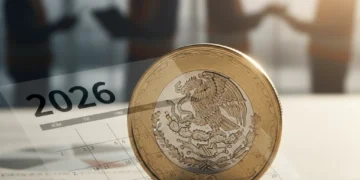Monedas de peso mexicano sobre un informe financiero con el año 2026, representando el impacto del salario mínimo.