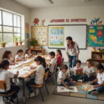 Niños felices aprendiendo en un aula moderna, representando los cambios de la nueva ley de educación.