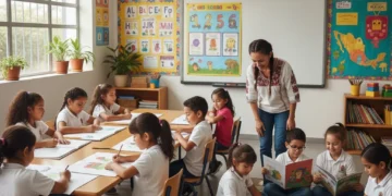 Niños felices aprendiendo en un aula moderna, representando los cambios de la nueva ley de educación.