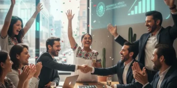 Noticias Financieras Pymes: Empresarios mexicanos celebrando el programa de apoyo gubernamental.