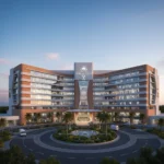 Fachada moderna de hospital con el anuncio Noticias del Sector Salud: Presupuesto federal para 2026 destina un 12% más a infraestructura hospitalaria.