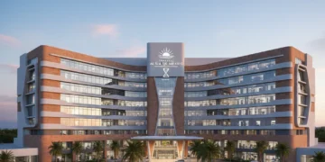 Fachada moderna de hospital con el anuncio Noticias del Sector Salud: Presupuesto federal para 2026 destina un 12% más a infraestructura hospitalaria.