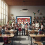 Grupo diverso de niños, padres y maestros interactuando en un aula moderna, simbolizando la nueva ley de educación en México.