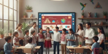 Grupo diverso de niños, padres y maestros interactuando en un aula moderna, simbolizando la nueva ley de educación en México.