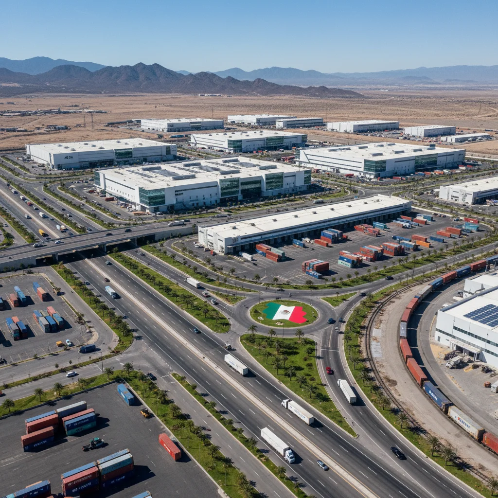 Parque industrial moderno en México, mostrando fábricas y centros logísticos.