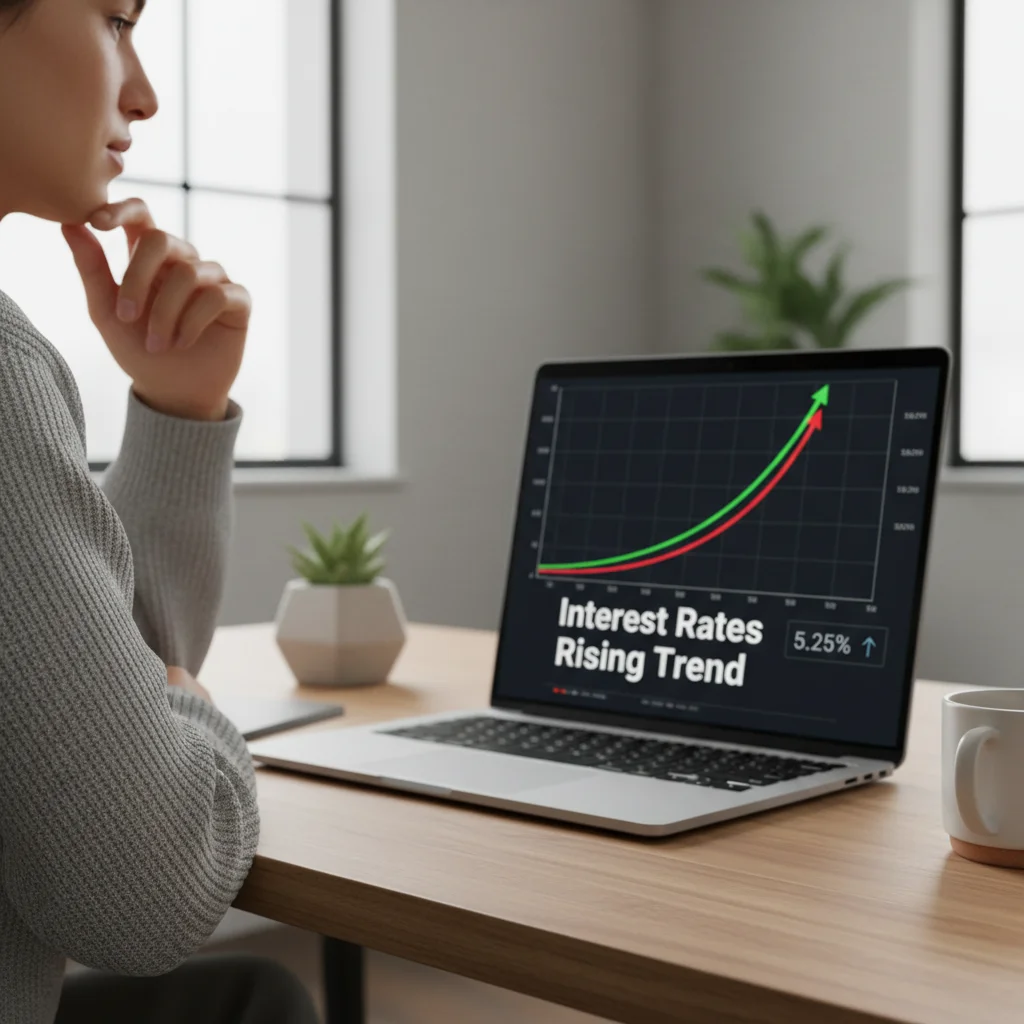 Persona sosteniendo tarjeta de crédito, analizando gráficos de tasas de interés en una laptop, reflejando el impacto en sus finanzas.