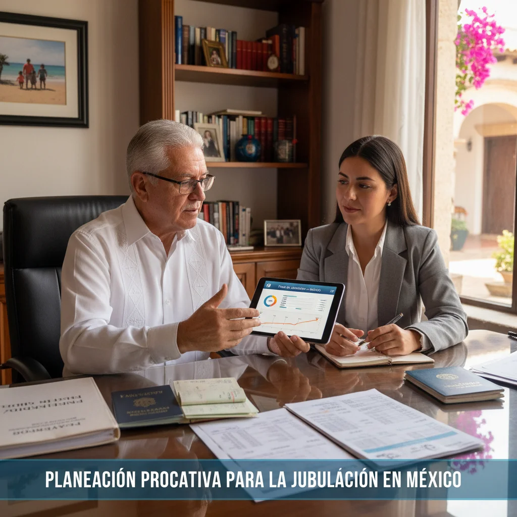Persona revisando documentos financieros y planeando su retiro con herramientas digitales en México.