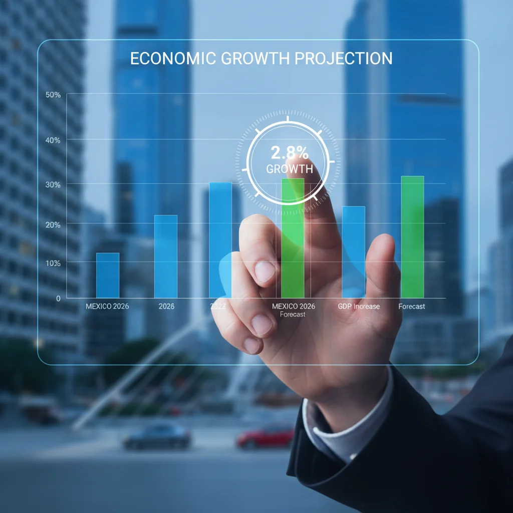 Persona señalando una proyección de crecimiento del 2.8% para la economía de México en 2026 en una pantalla