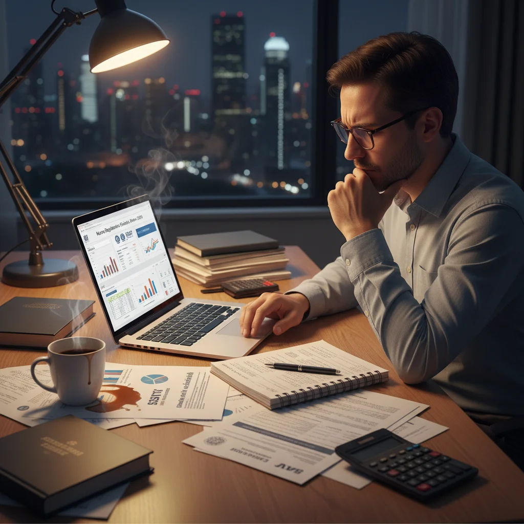 Persona revisando documentos fiscales y computadora, preparándose para la reforma fiscal 2026