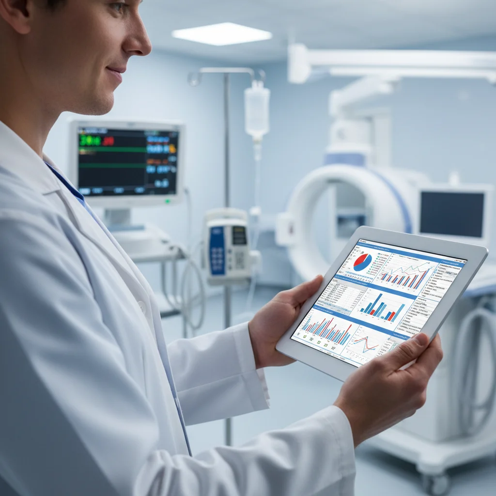 Profesional médico utilizando tecnología en un hospital, reflejando el impacto del presupuesto federal en las Noticias del Sector Salud.