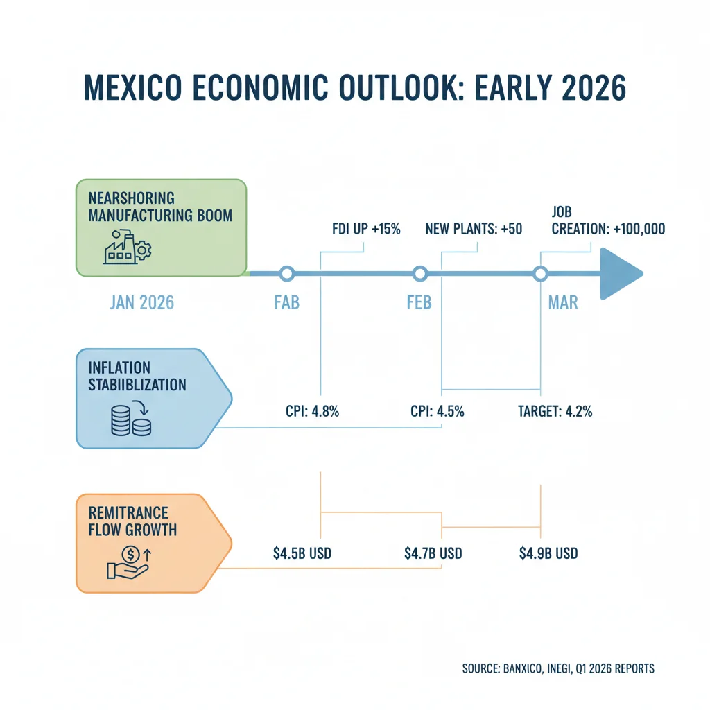 Infografía de tendencias económicas clave en México para el primer semestre de 2026
