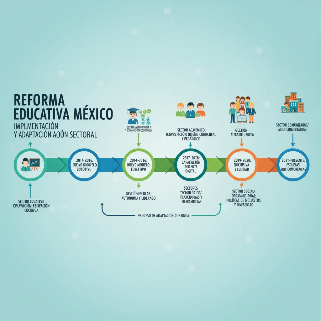 Infografía con una línea de tiempo de las reformas educativas y su impacto en diversos sectores profesionales de México.