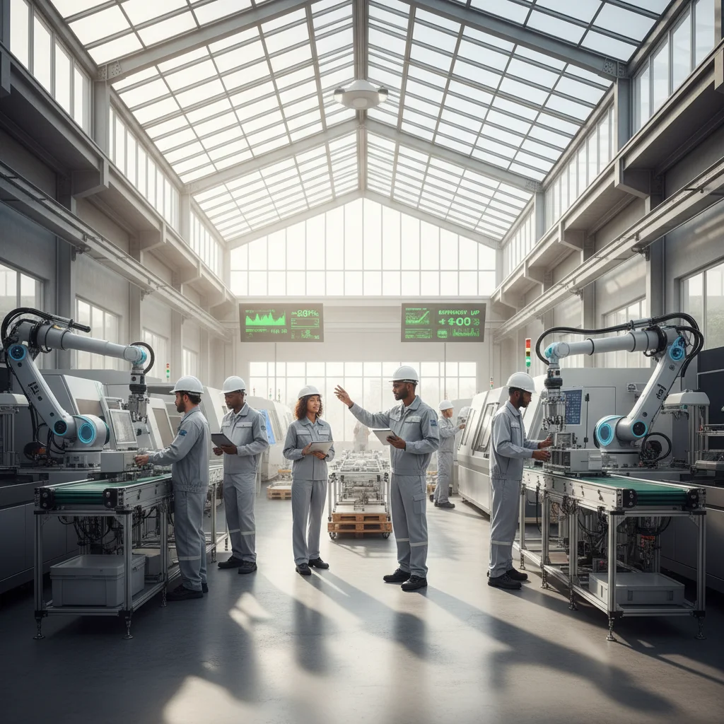 Trabajadores en una planta de manufactura moderna, simbolizando la adaptación del sector al salario mínimo 2026.